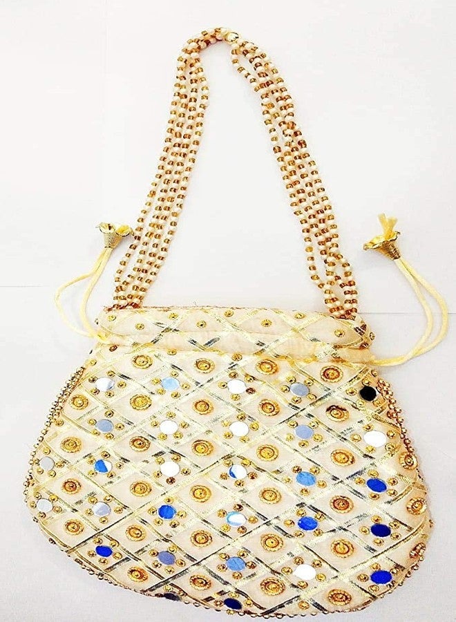 ATHZ Potli Bag Golden work wedding potli for ladies Gift for women handbags traditional Indian Wristlet with Drawstring Ethnic Embroidery Women Fashion Potli (Golden) - Image 2